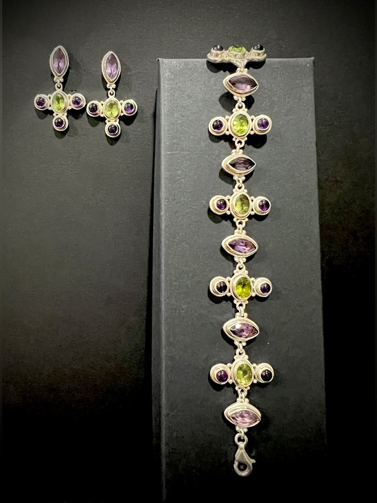 Sajen Jewelry - Vintage 925 Sajen Amethyst and Peridot Bali Bracelet and Earring Set